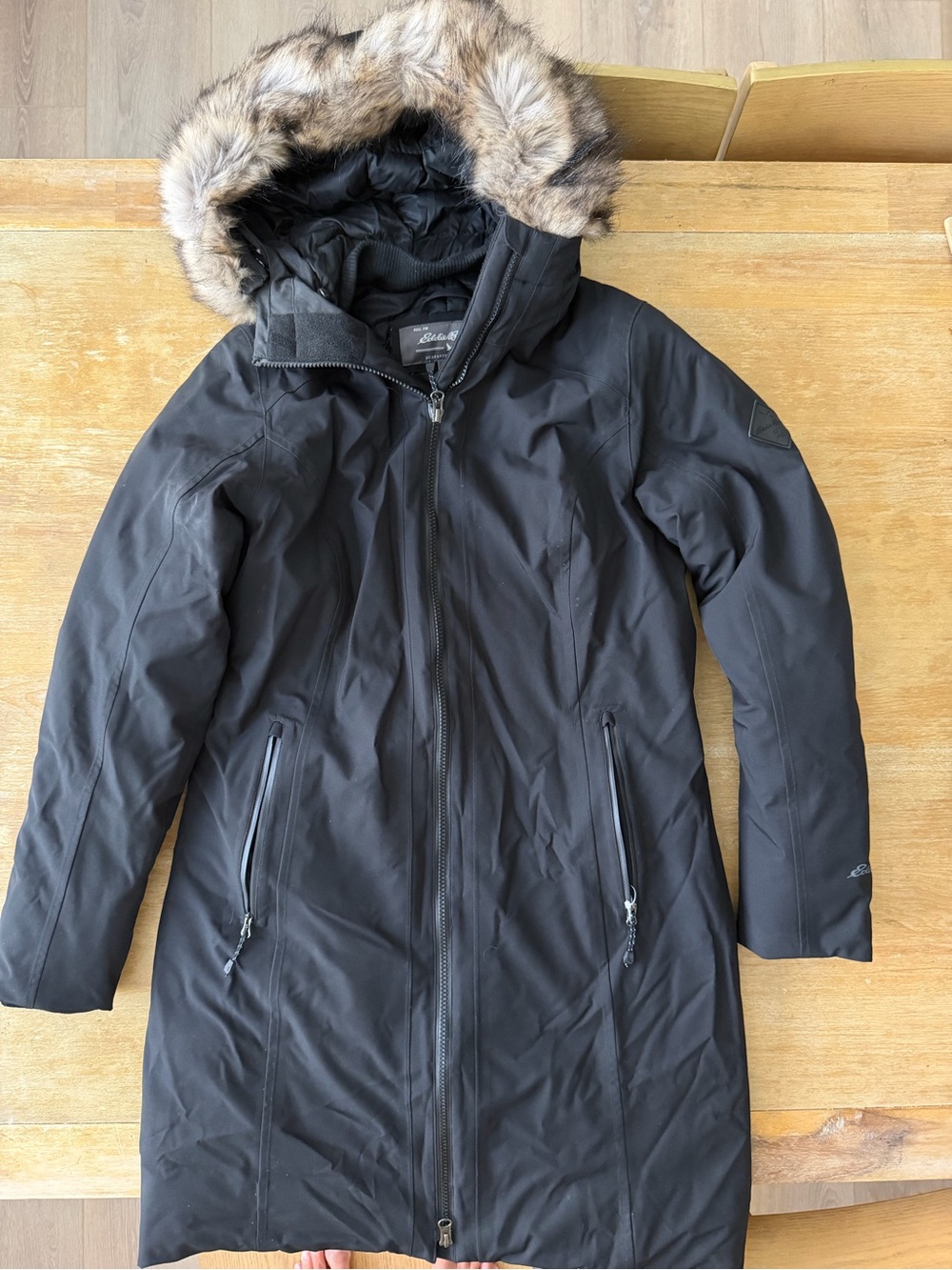 Eddie Bauer Black Trench Coat with Faux Fur-Trim Hood